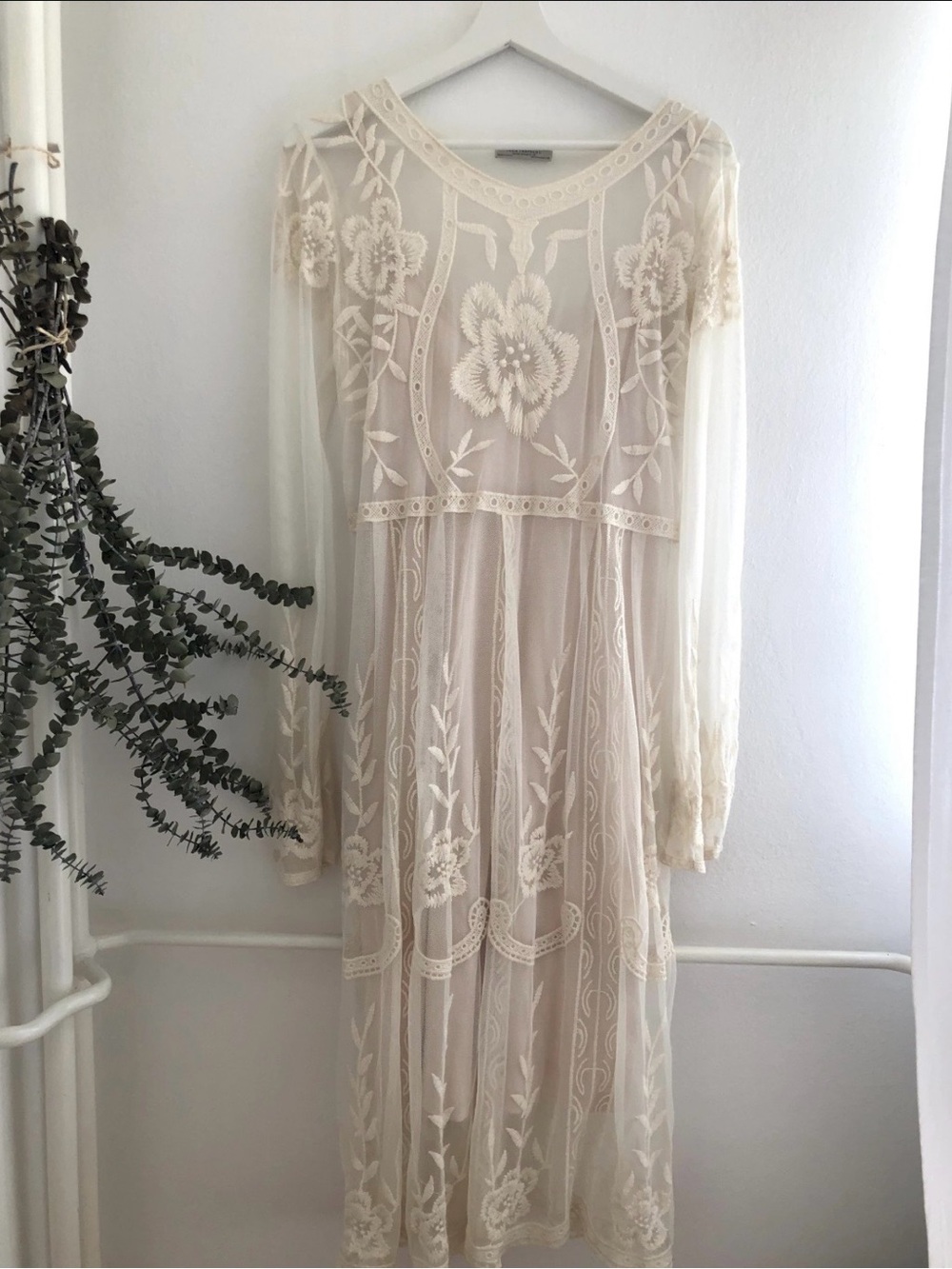 Sheer Embroidered Long Sleeve Dress in Cream